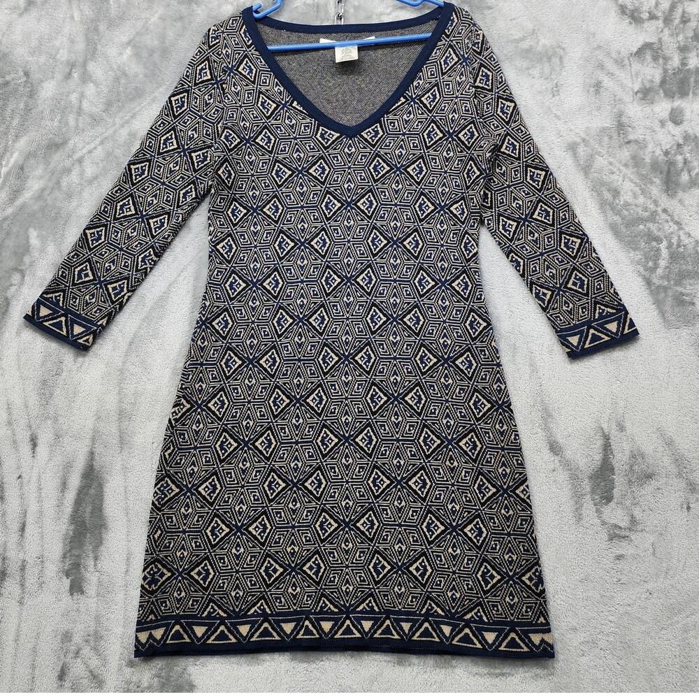 Max Studio Sweater Dress Womens M Black Blue Cream Geometric‎ V-Neck Bodycon